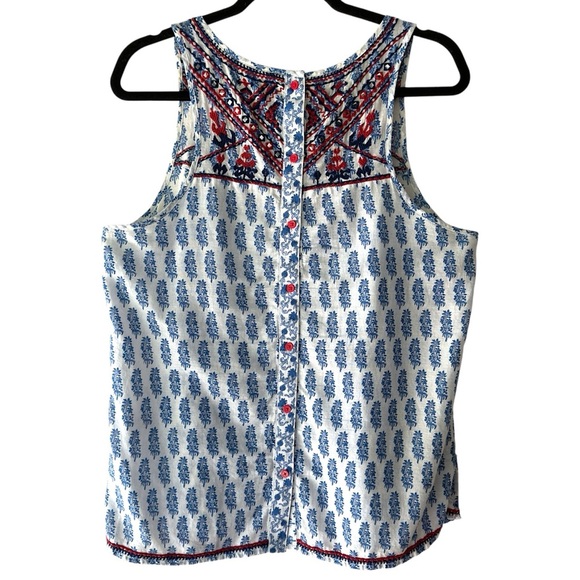 LUCKY BRAND | EMBROIDERED COTTON TOP LIKE NEW BUTTON UP BACK RED BLUE | LARGE - Picture 6 of 12